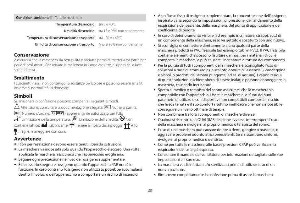 Conservazione, Smaltimento, Simboli | Avvertenze | ResMed Mirage Swift II User Manual | Page 28 / 65