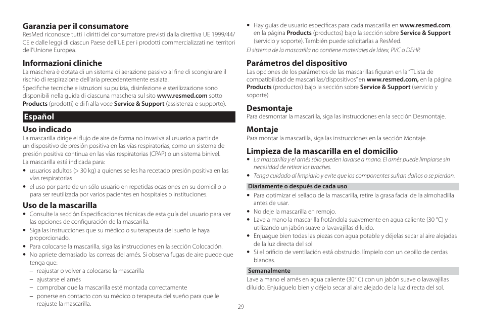 Español, Garanzia per il consumatore, Informazioni cliniche | Español uso indicado, Uso de la mascarilla, Parámetros del dispositivo, Desmontaje, Montaje, Limpieza de la mascarilla en el domicilio | ResMed Mirage Swift II User Manual | Page 29 / 65