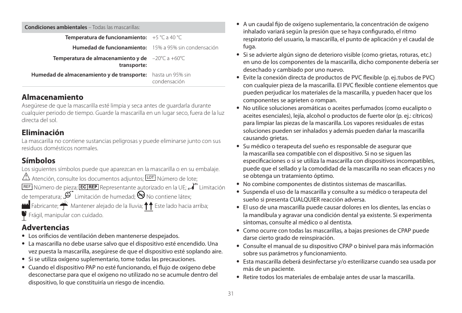 Almacenamiento, Eliminación, Símbolos | Advertencias | ResMed Mirage Swift II User Manual | Page 31 / 65