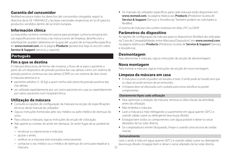 Português, Garantía del consumidor, Información clínica | Português fim a que se destina, Utilização da máscara, Parâmetros do dispositivo, Desmontagem, Nova montagem, Limpeza da máscara em casa | ResMed Mirage Swift II User Manual | Page 32 / 65