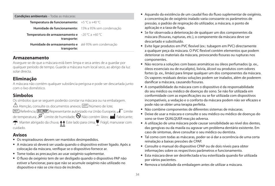 Armazenamento, Eliminação, Símbolos | Avisos | ResMed Mirage Swift II User Manual | Page 34 / 65