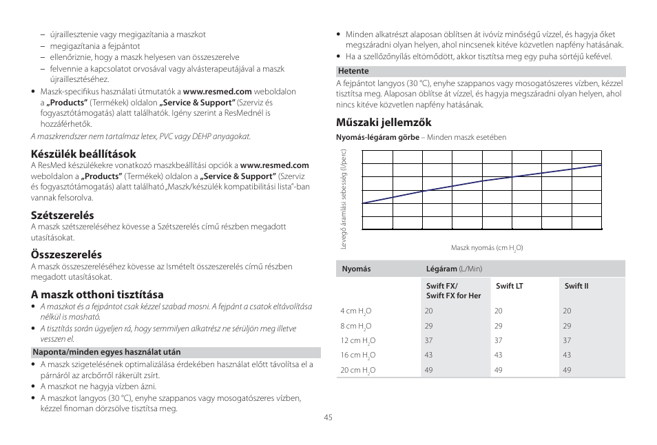 Készülék beállítások, Szétszerelés, Összeszerelés | A maszk otthoni tisztítása, Műszaki jellemzők | ResMed Mirage Swift II User Manual | Page 45 / 65