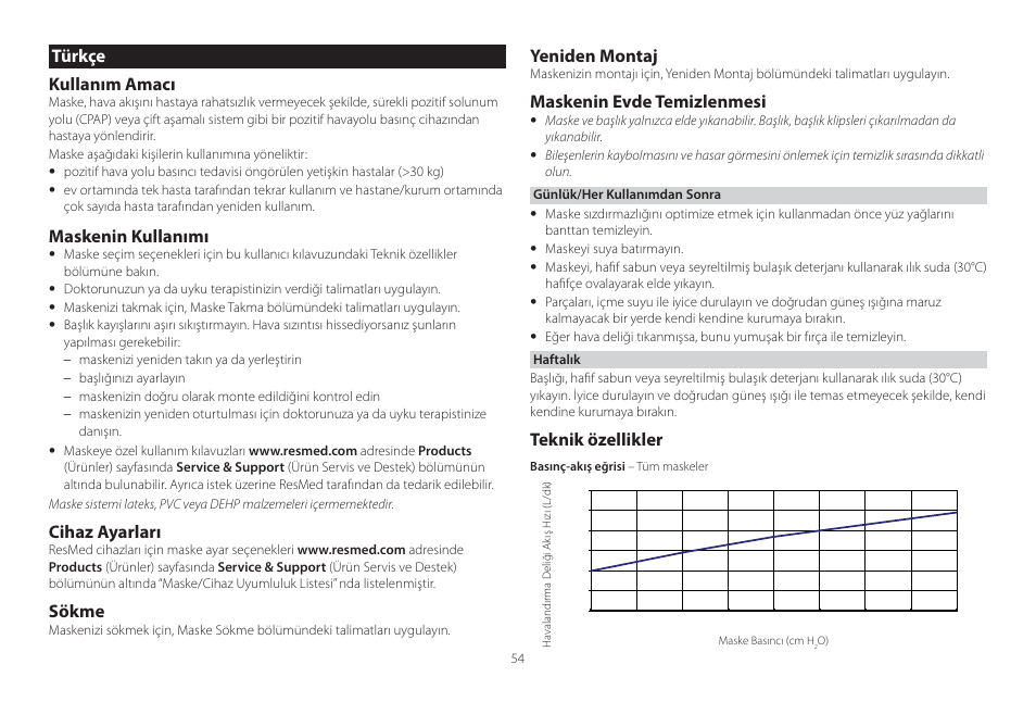 Türkçe, Türkçe kullanım amacı, Maskenin kullanımı | Cihaz ayarları, Sökme, Yeniden montaj, Maskenin evde temizlenmesi, Teknik özellikler | ResMed Mirage Swift II User Manual | Page 54 / 65