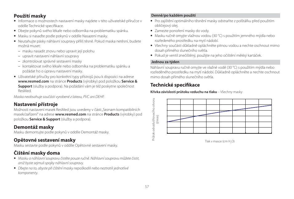 Použití masky, Nastavení přístroje, Demontáž masky | Opětovné sestavení masky, Čištění masky doma, Technické specifi kace | ResMed Mirage Swift II User Manual | Page 57 / 65