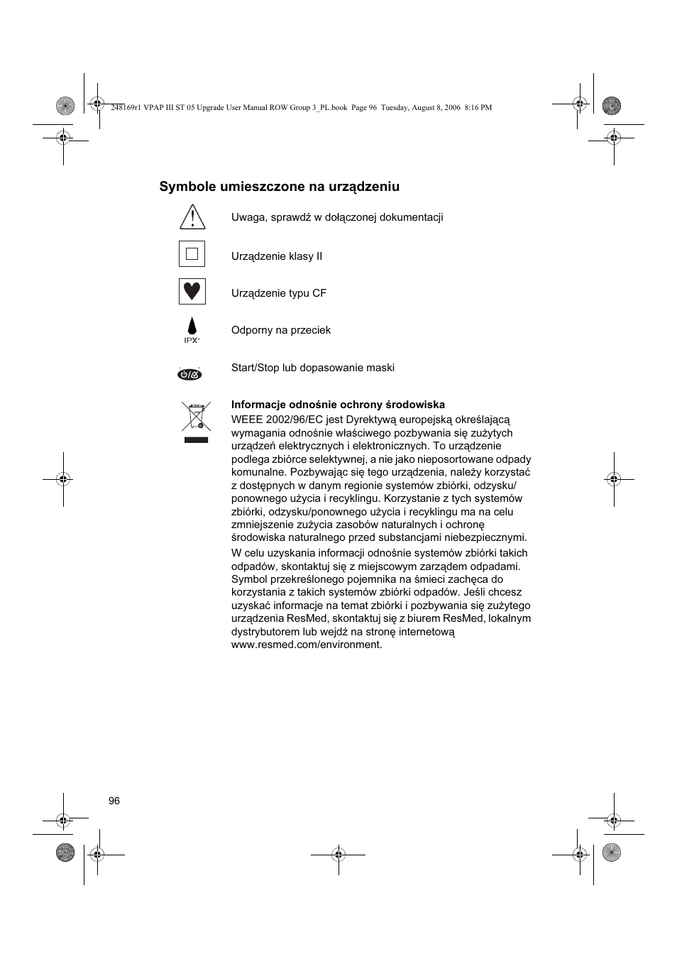 Symbole umieszczone na urządzeniu | ResMed VPAP III & III ST User Manual | Page 102 / 266