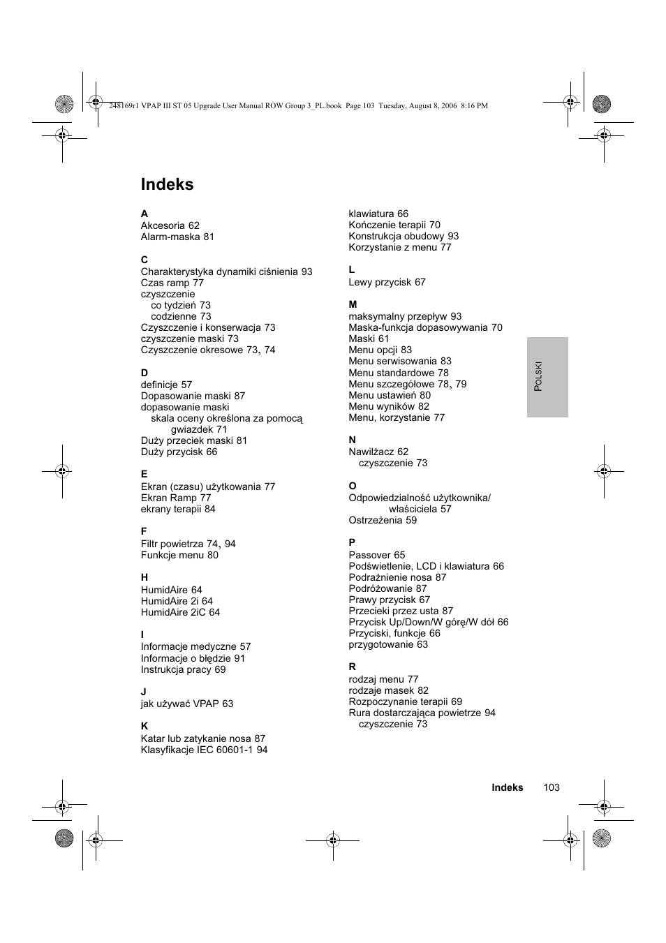 Indeks | ResMed VPAP III & III ST User Manual | Page 109 / 266
