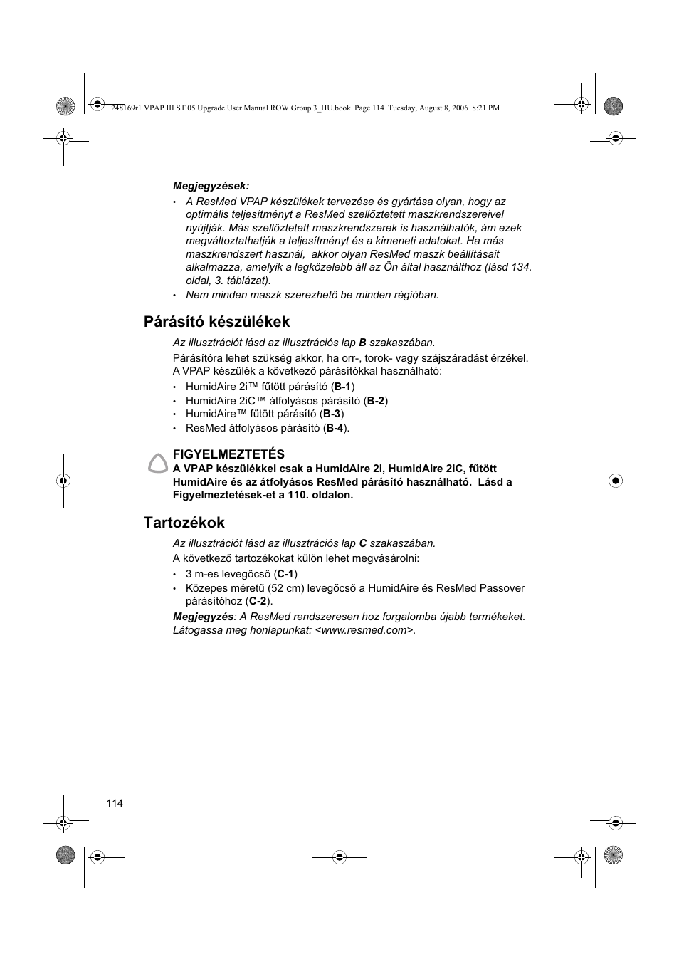 Párásító készülékek, Tartozékok | ResMed VPAP III & III ST User Manual | Page 120 / 266
