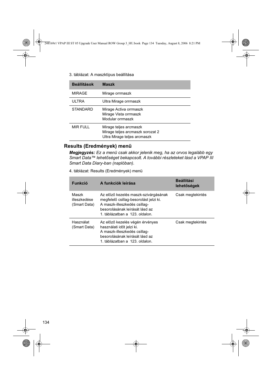Results (eredmények) menü | ResMed VPAP III & III ST User Manual | Page 140 / 266