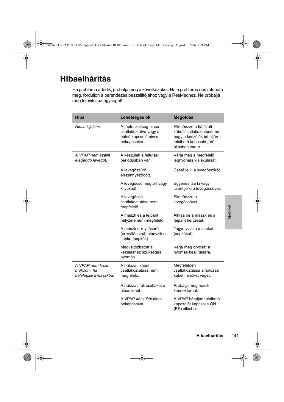 Hibaelhárítás | ResMed VPAP III & III ST User Manual | Page 147 / 266