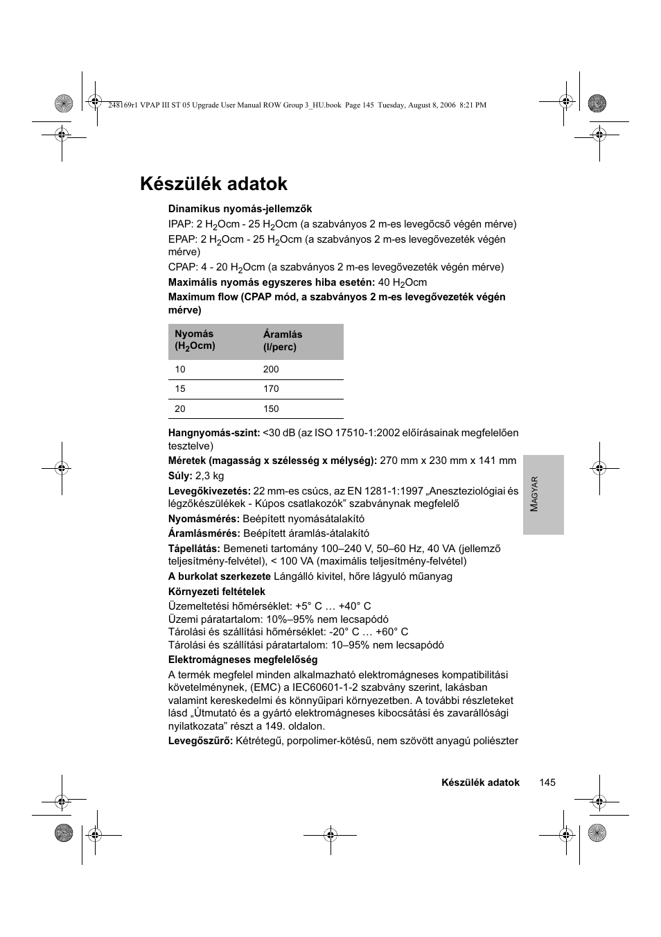 Készülék adatok | ResMed VPAP III & III ST User Manual | Page 151 / 266