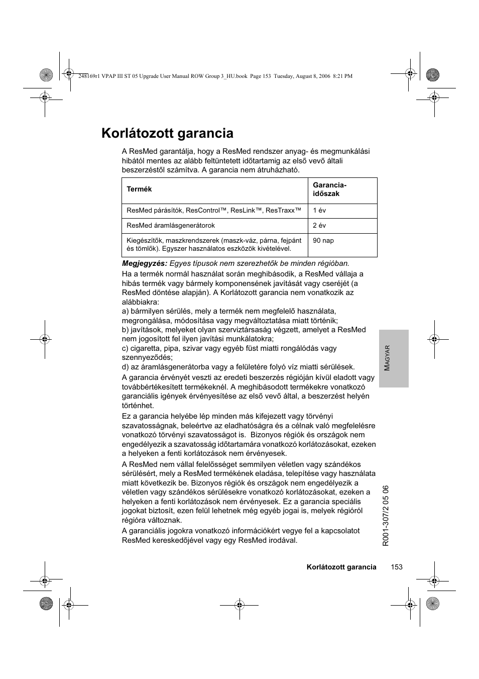 Korlátozott garancia | ResMed VPAP III & III ST User Manual | Page 159 / 266