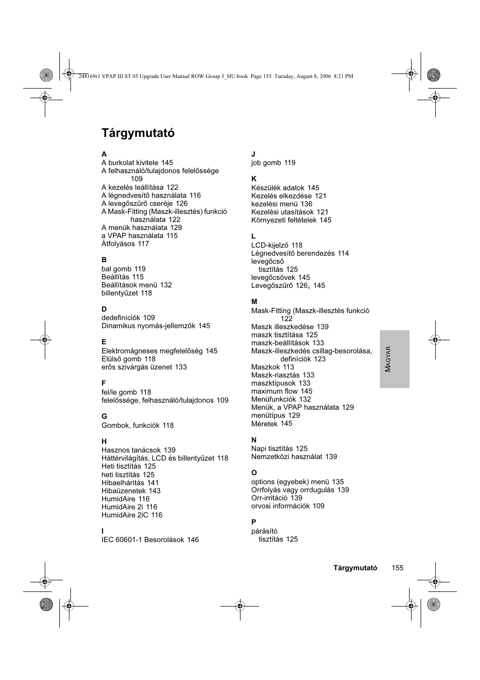 Tárgymutató | ResMed VPAP III & III ST User Manual | Page 161 / 266