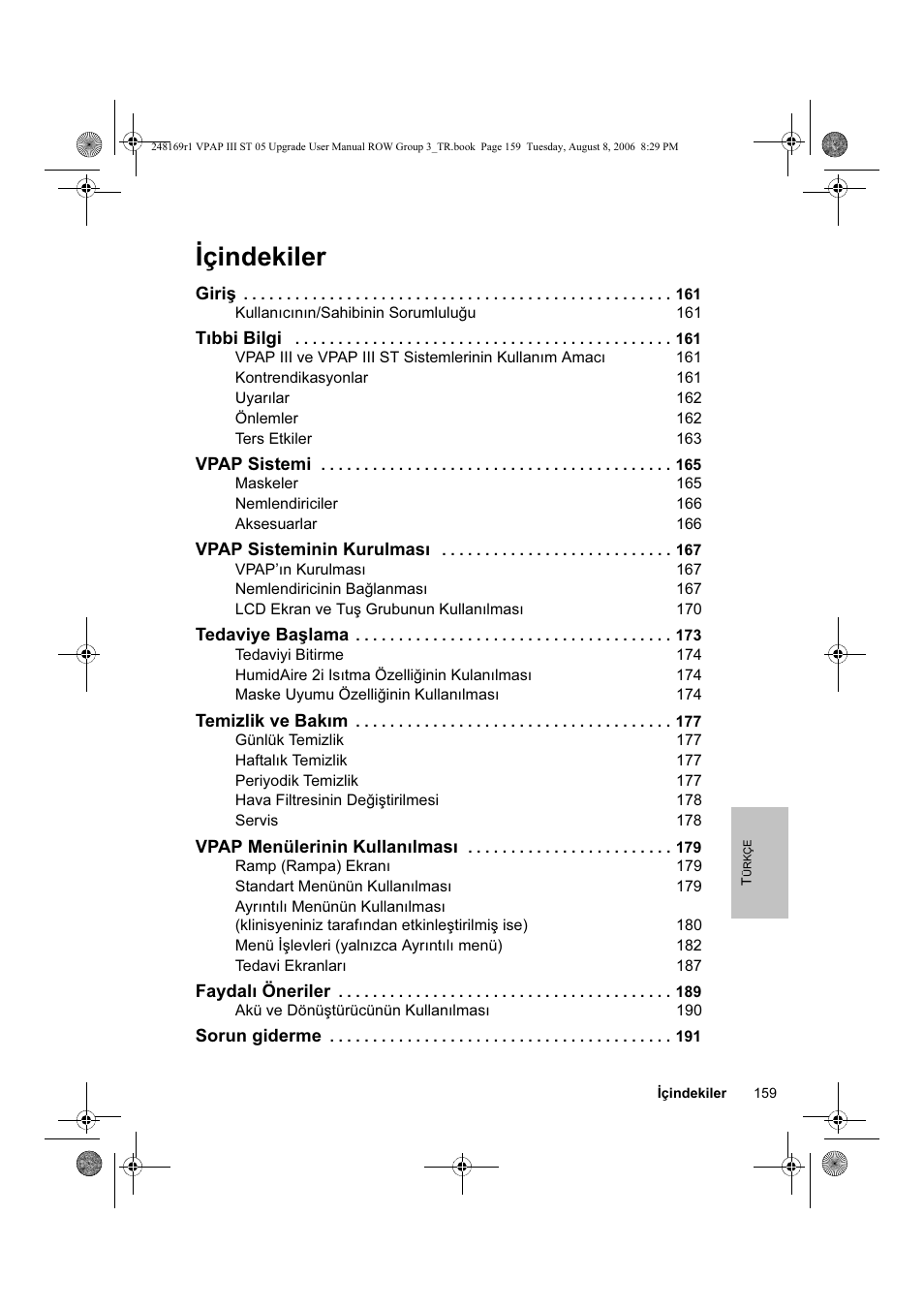 Içindekiler | ResMed VPAP III & III ST User Manual | Page 165 / 266