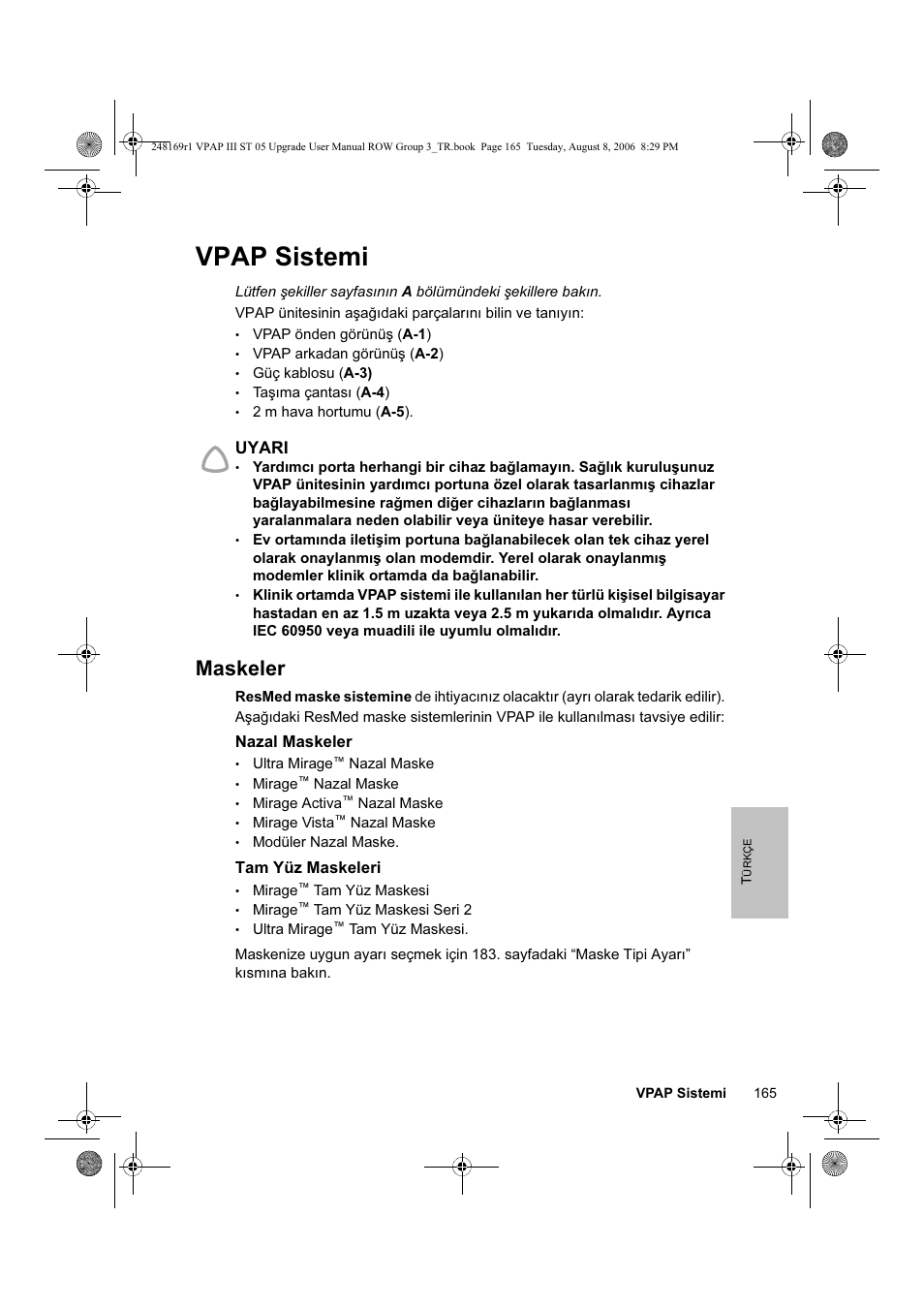 Vpap sistemi, Maskeler | ResMed VPAP III & III ST User Manual | Page 171 / 266