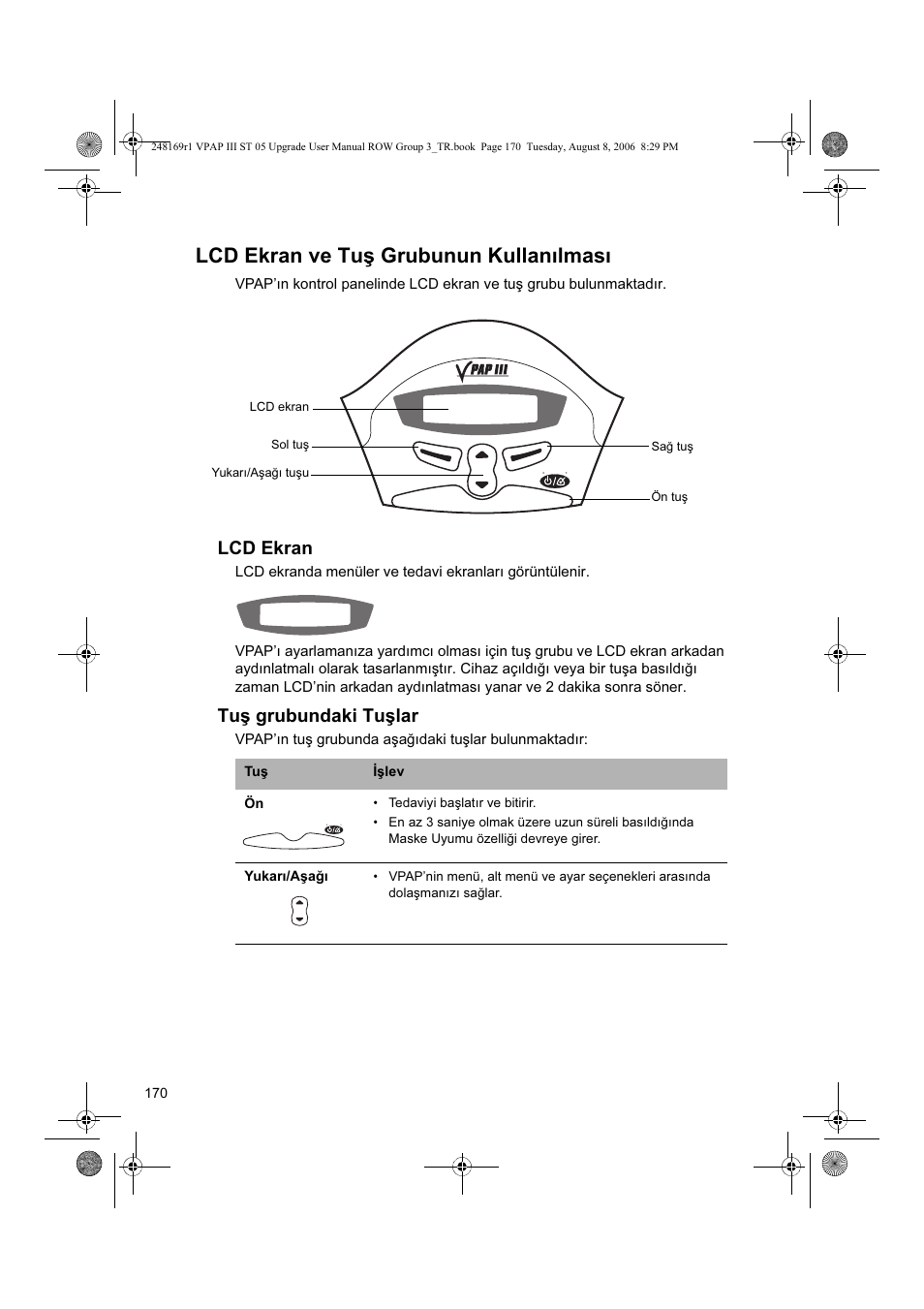 Lcd ekran ve tuş grubunun kullanılması, Lcd ekran, Tuş grubundaki tuşlar | ResMed VPAP III & III ST User Manual | Page 176 / 266
