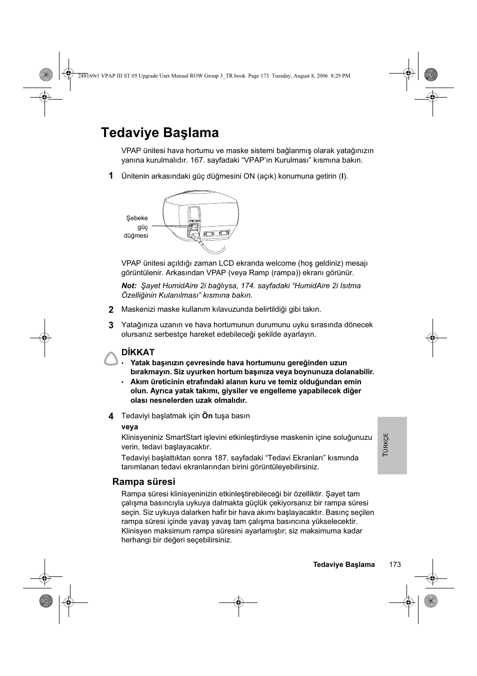 Tedaviye başlama, Rampa süresi | ResMed VPAP III & III ST User Manual | Page 179 / 266