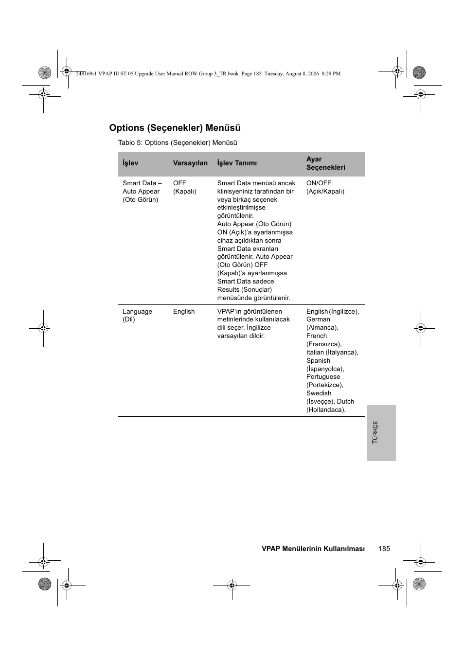 Options (seçenekler) menüsü | ResMed VPAP III & III ST User Manual | Page 191 / 266