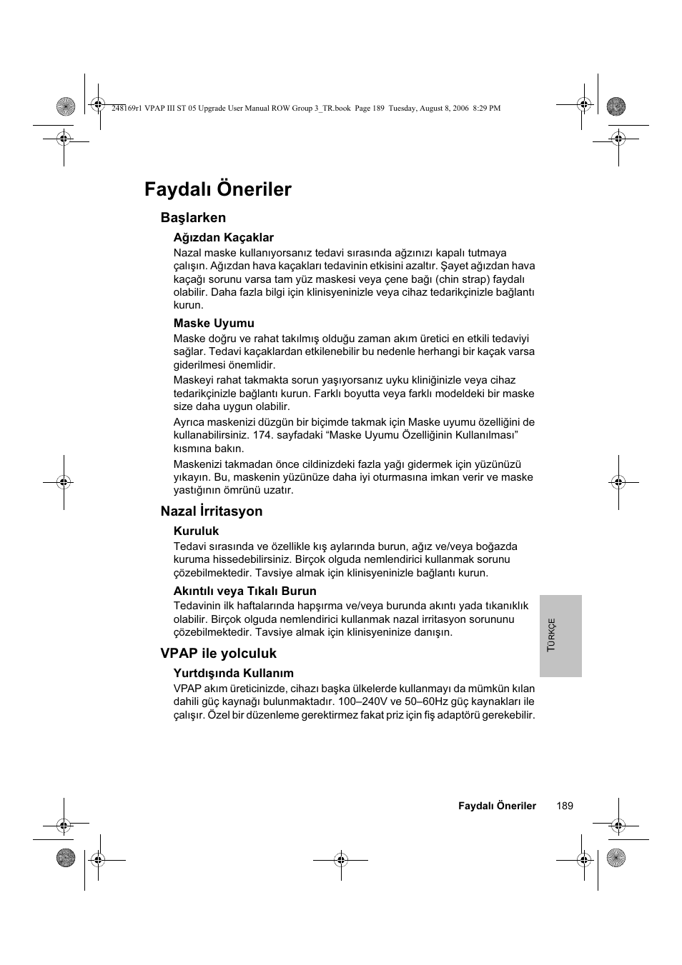 Faydalı öneriler | ResMed VPAP III & III ST User Manual | Page 195 / 266