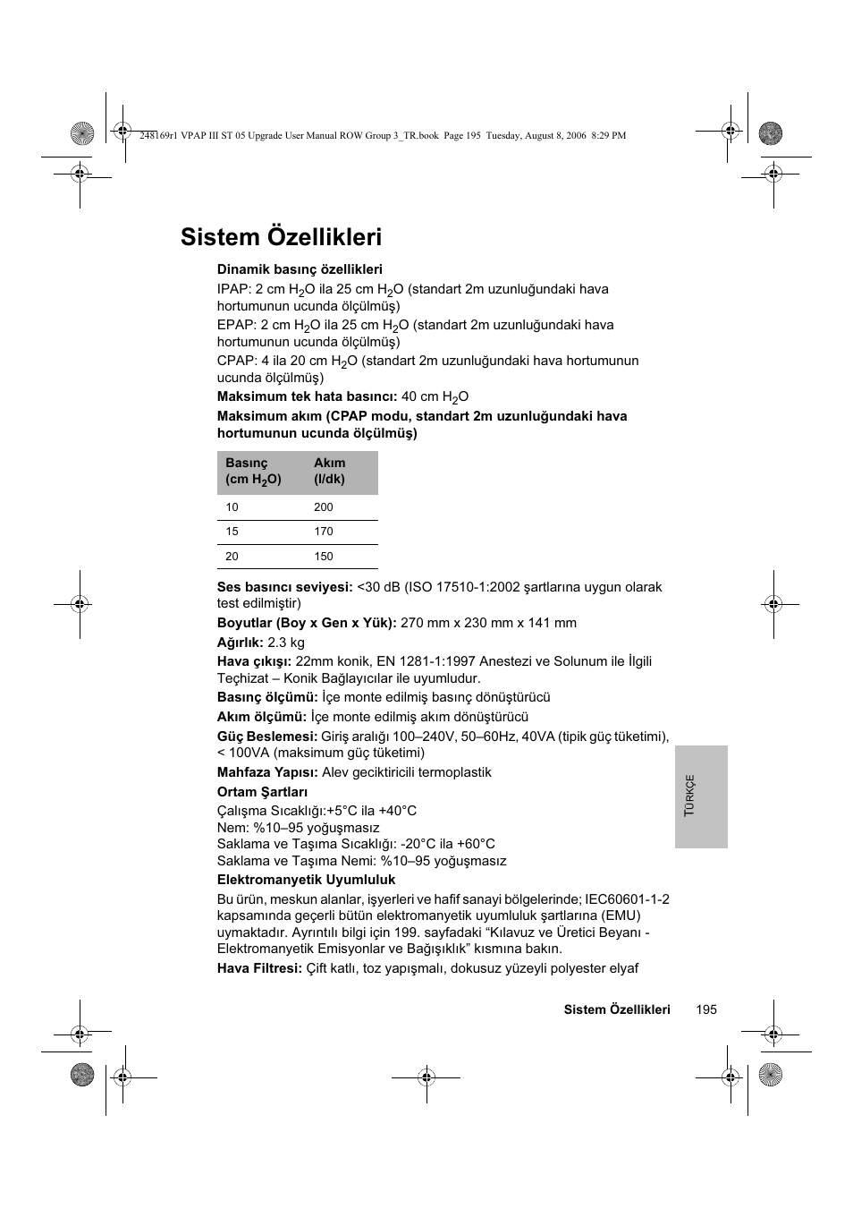 Sistem özellikleri | ResMed VPAP III & III ST User Manual | Page 201 / 266