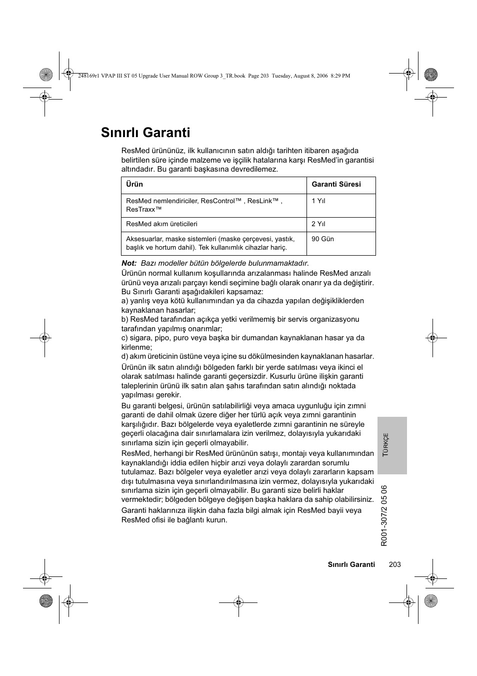 Sınırlı garanti | ResMed VPAP III & III ST User Manual | Page 209 / 266