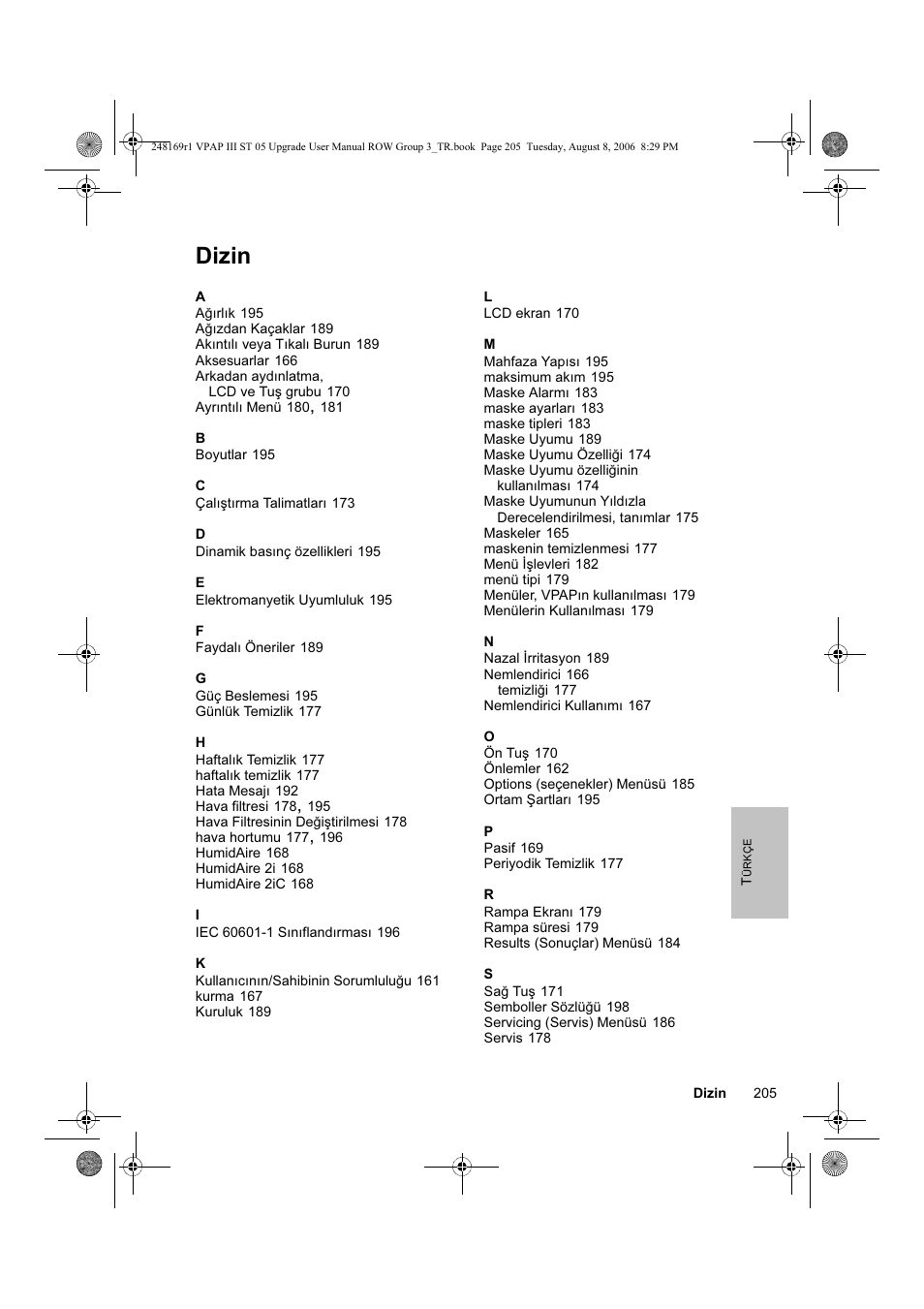 Dizin | ResMed VPAP III & III ST User Manual | Page 211 / 266