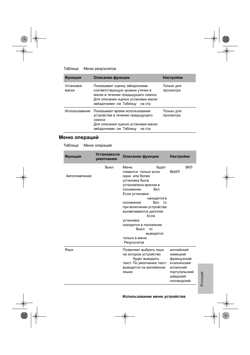 Меню операций | ResMed VPAP III & III ST User Manual | Page 243 / 266
