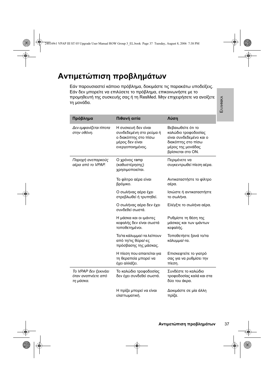 Αντιμετώπιση προβλημάτων | ResMed VPAP III & III ST User Manual | Page 43 / 266