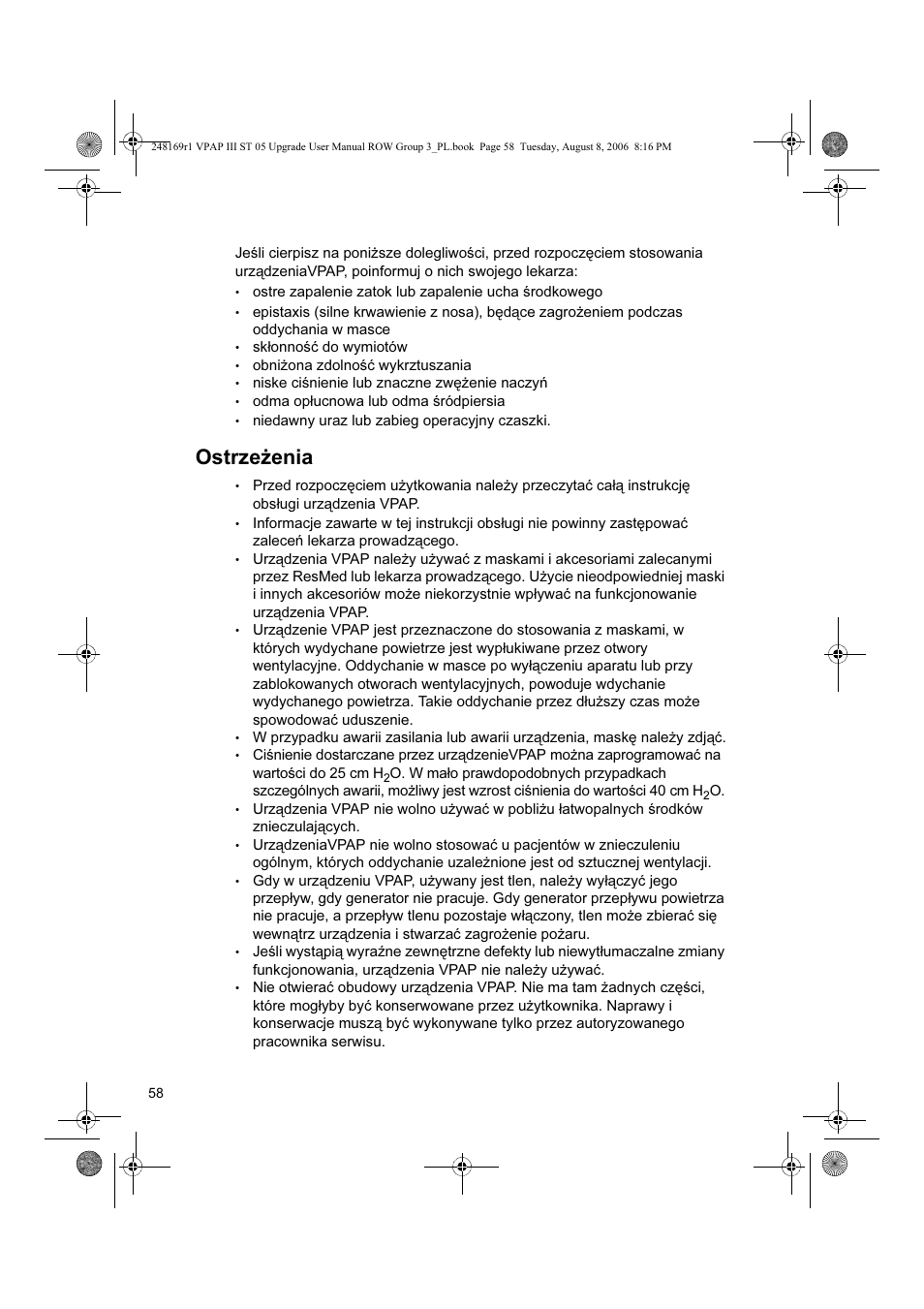 Ostrzeżenia | ResMed VPAP III & III ST User Manual | Page 64 / 266