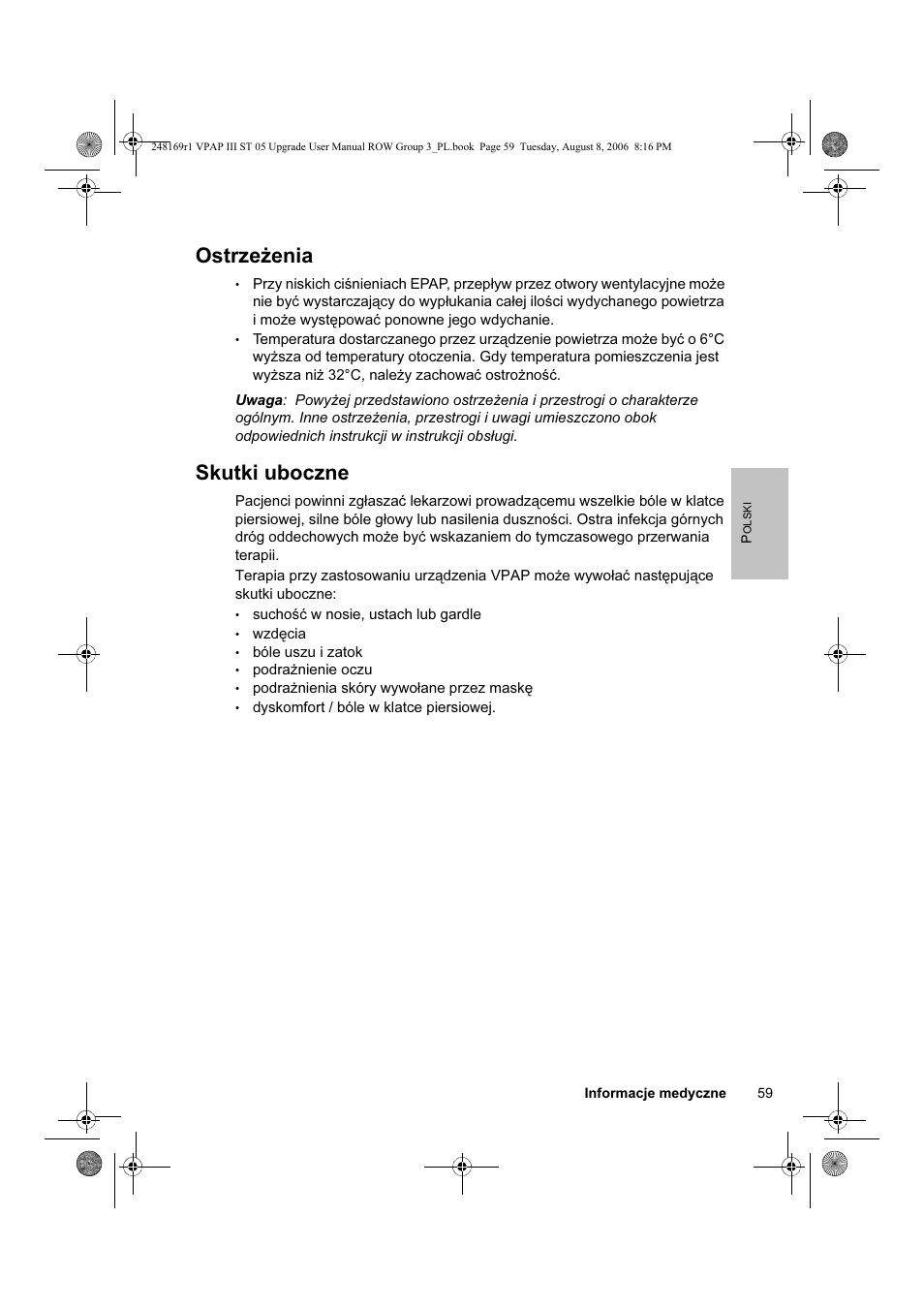 Ostrzeżenia, Skutki uboczne | ResMed VPAP III & III ST User Manual | Page 65 / 266