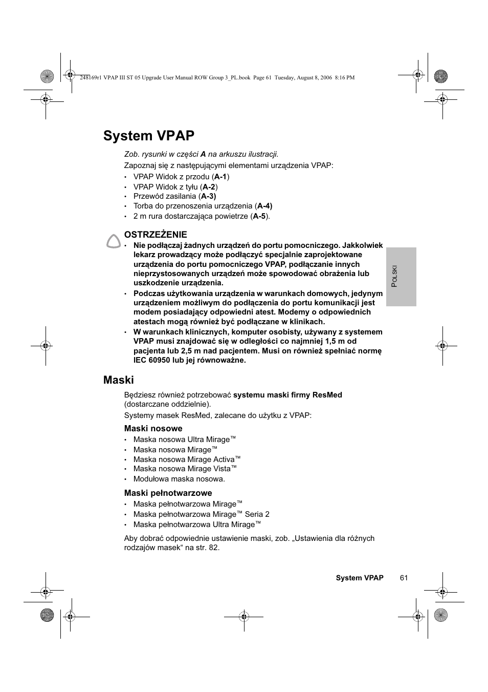 System vpap, Maski | ResMed VPAP III & III ST User Manual | Page 67 / 266