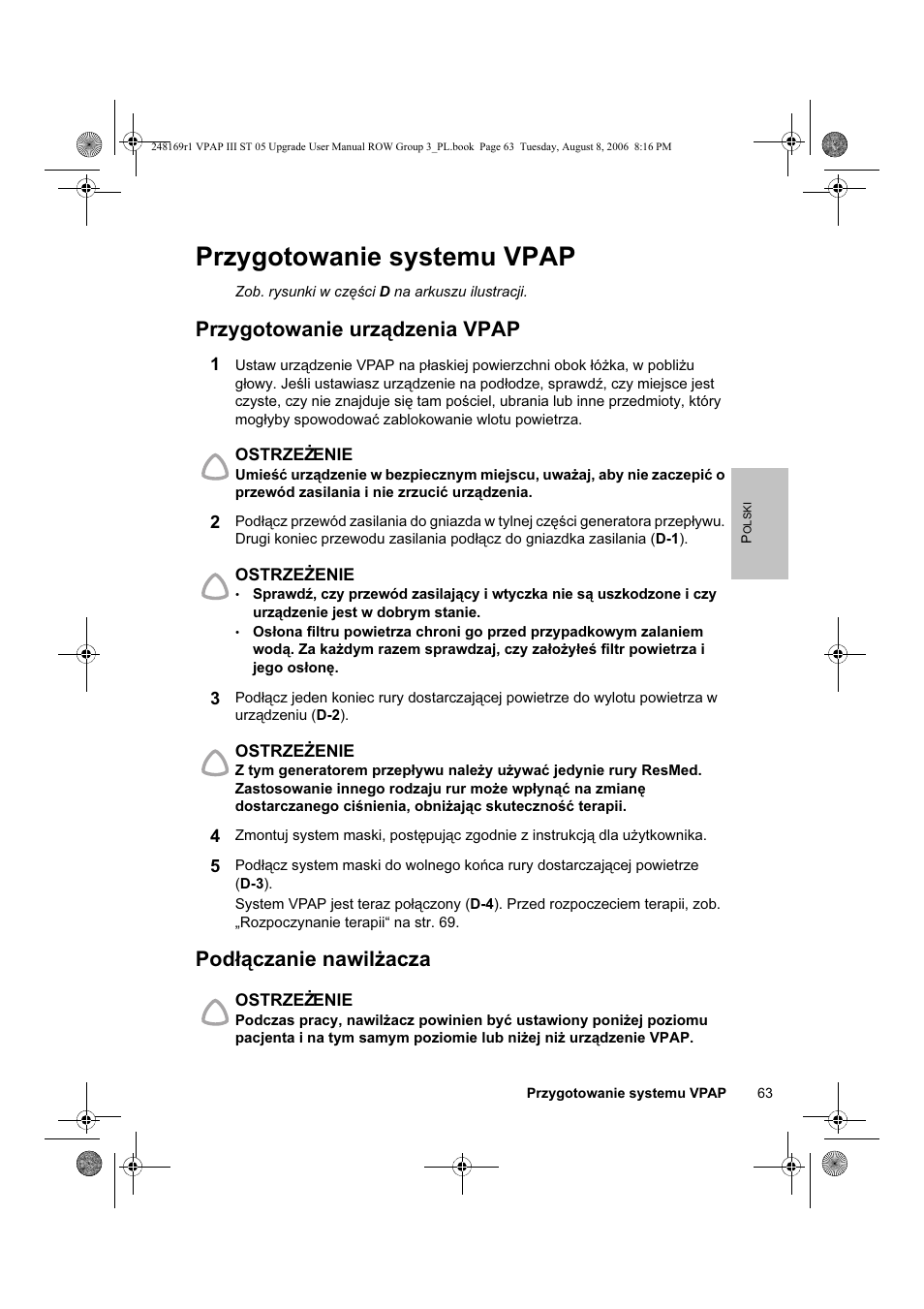 Przygotowanie systemu vpap, Przygotowanie urządzenia vpap, Podłączanie nawilżacza | ResMed VPAP III & III ST User Manual | Page 69 / 266