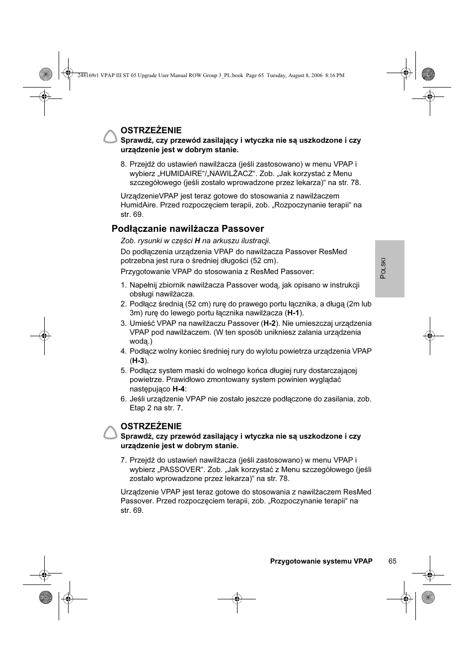 Podłączanie nawilżacza passover | ResMed VPAP III & III ST User Manual | Page 71 / 266