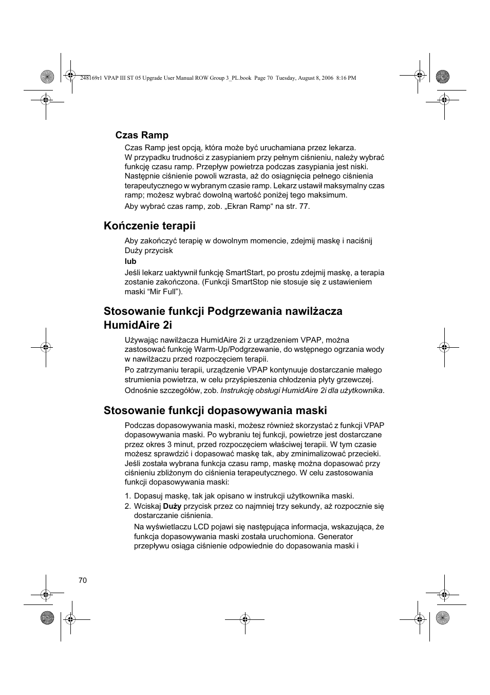 Kończenie terapii, Stosowanie funkcji dopasowywania maski | ResMed VPAP III & III ST User Manual | Page 76 / 266