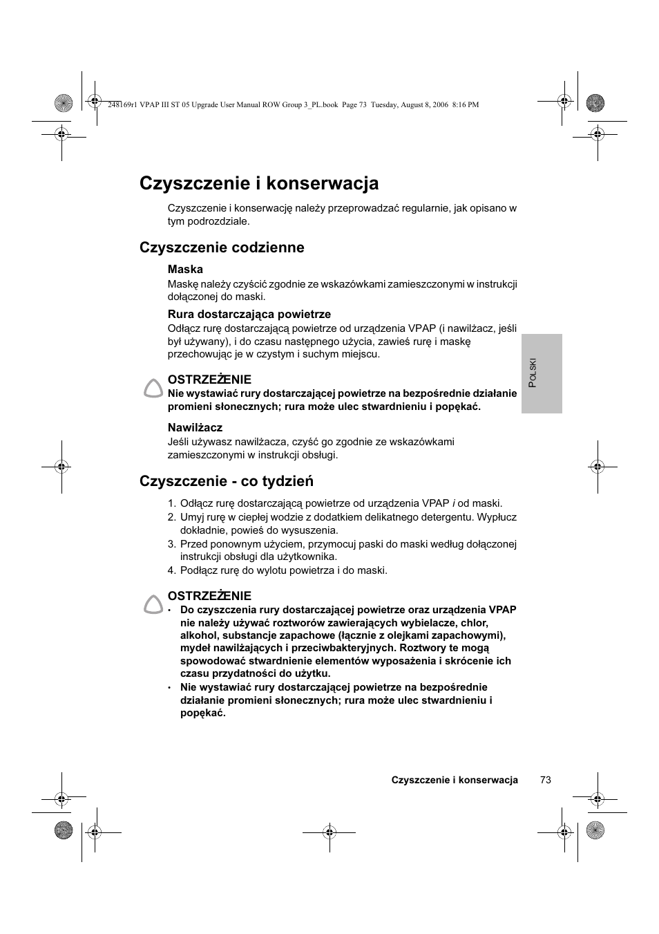 Czyszczenie i konserwacja, Czyszczenie codzienne, Czyszczenie - co tydzień | ResMed VPAP III & III ST User Manual | Page 79 / 266