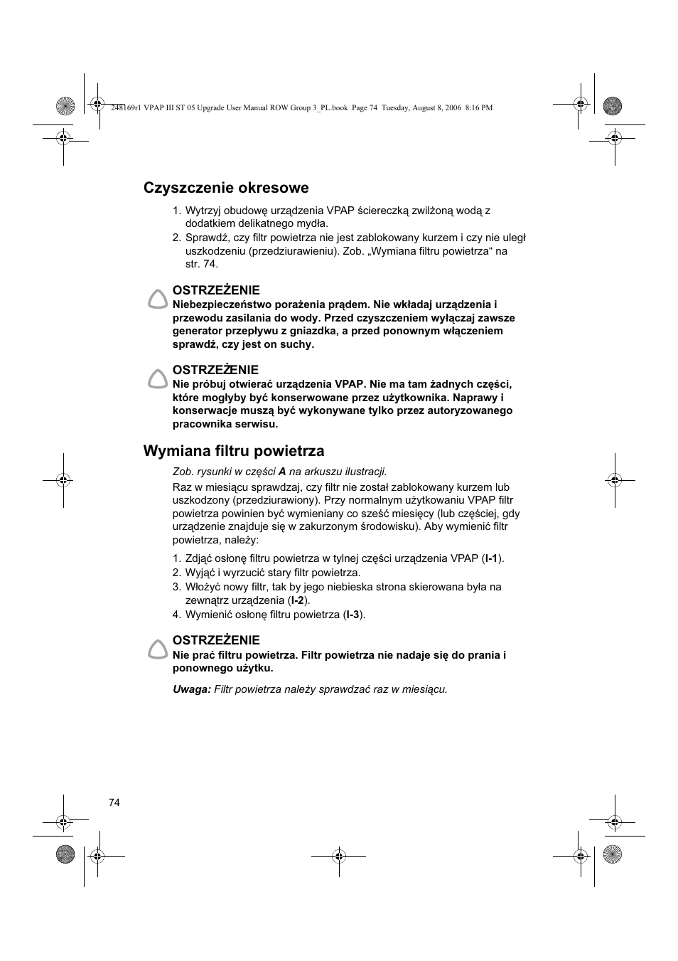 Czyszczenie okresowe, Wymiana filtru powietrza | ResMed VPAP III & III ST User Manual | Page 80 / 266