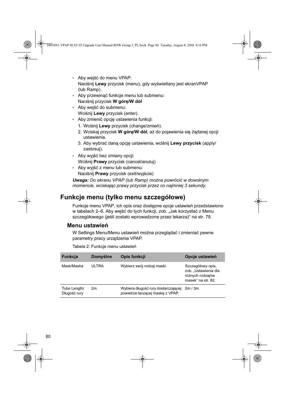 Funkcje menu (tylko menu szczegółowe), Menu ustawień | ResMed VPAP III & III ST User Manual | Page 86 / 266