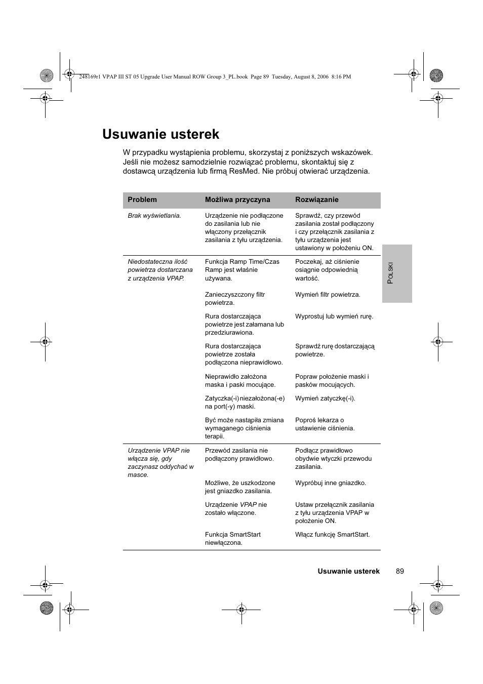 Usuwanie usterek | ResMed VPAP III & III ST User Manual | Page 95 / 266