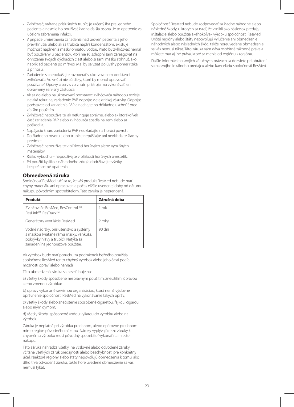 Obmedzená záruka | ResMed HumidAire 3i User Manual | Page 23 / 24