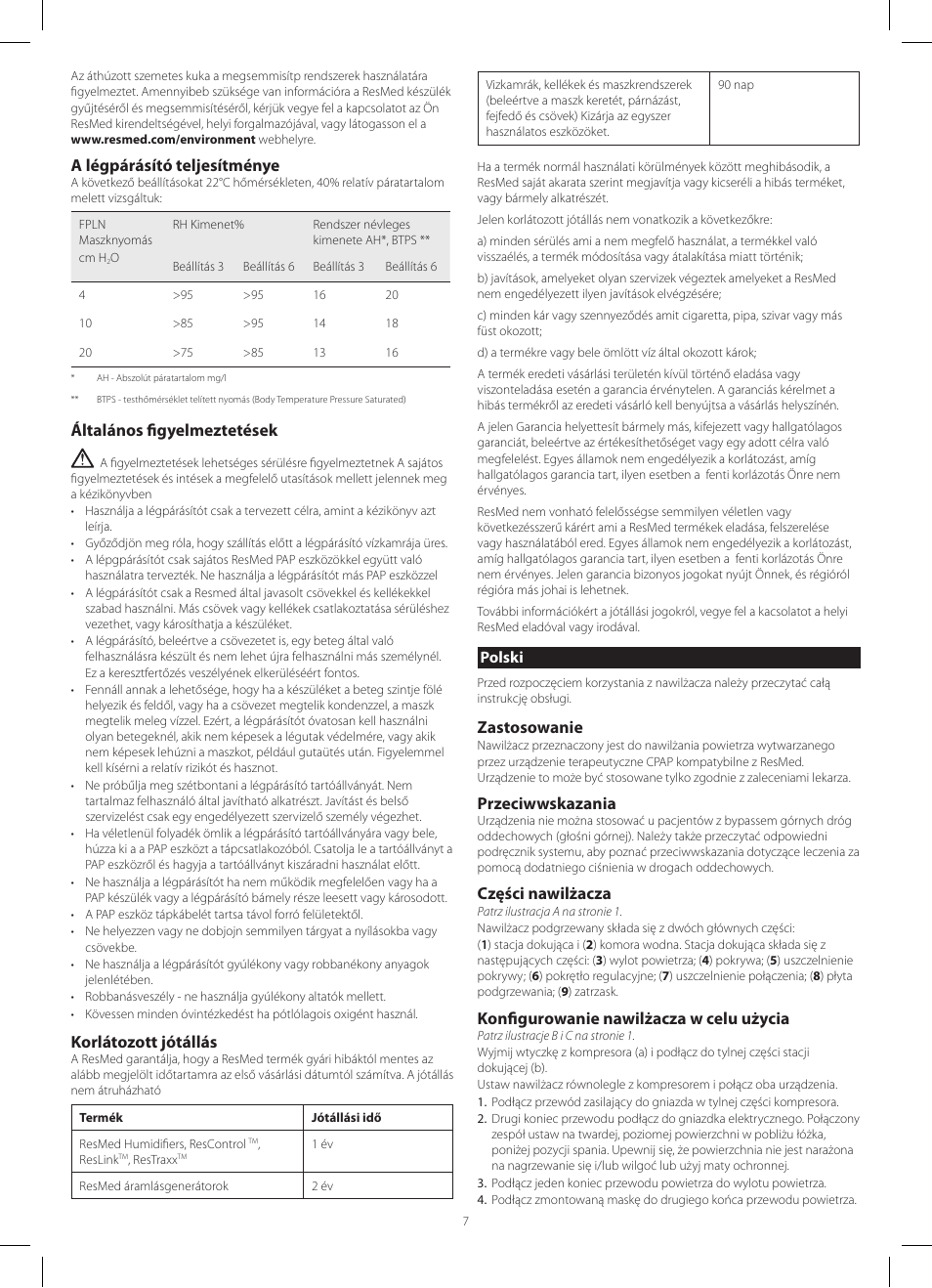 Zastosowanie, Przeciwwskazania, Części nawilżacza | Konfigurowanie nawilżacza w celu użycia, A légpárásító teljesítménye, Általános figyelmeztetések, Korlátozott jótállás | ResMed HumidAire 3i User Manual | Page 7 / 24