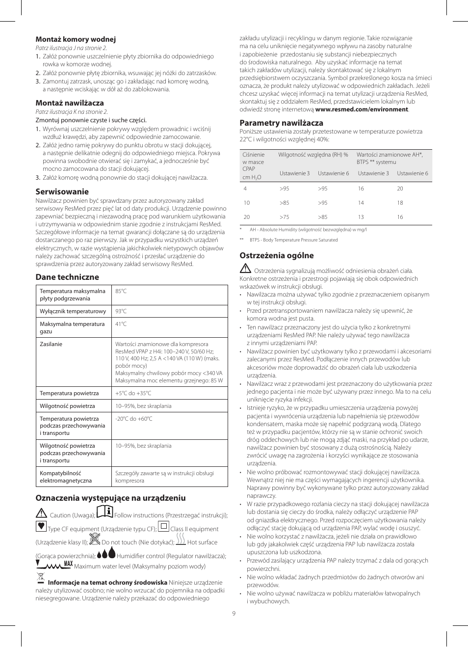 Serwisowanie, Dane techniczne, Oznaczenia występujące na urządzeniu | Parametry nawilżacza, Ostrzeżenia ogólne | ResMed HumidAire 3i User Manual | Page 9 / 24