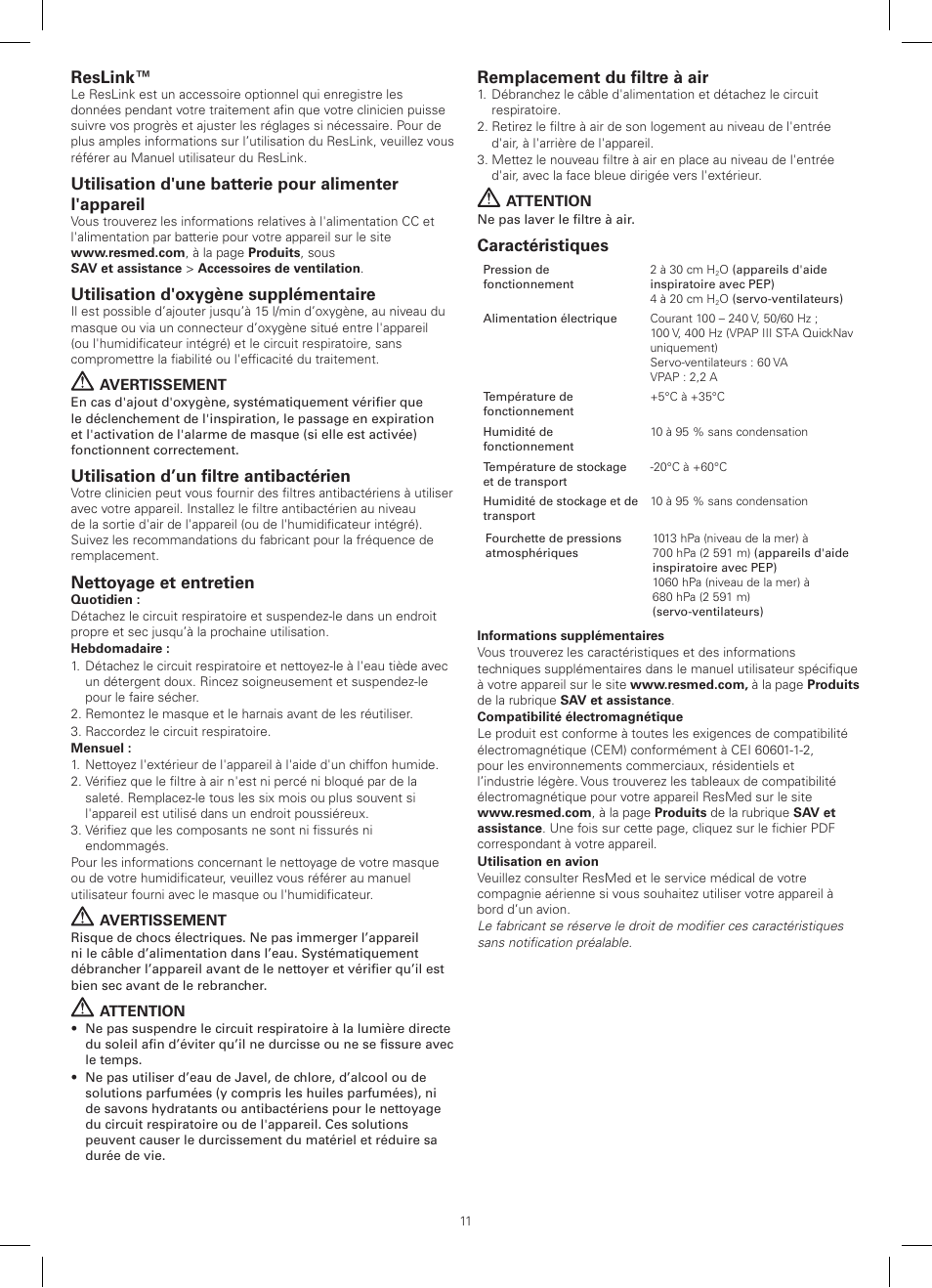 Reslink, Utilisation d'oxygène supplémentaire, Utilisation d’un filtre antibactérien | Nettoyage et entretien, Remplacement du filtre à air, Caractéristiques | ResMed VPAP III ST-A with QuickNav User Manual | Page 11 / 56