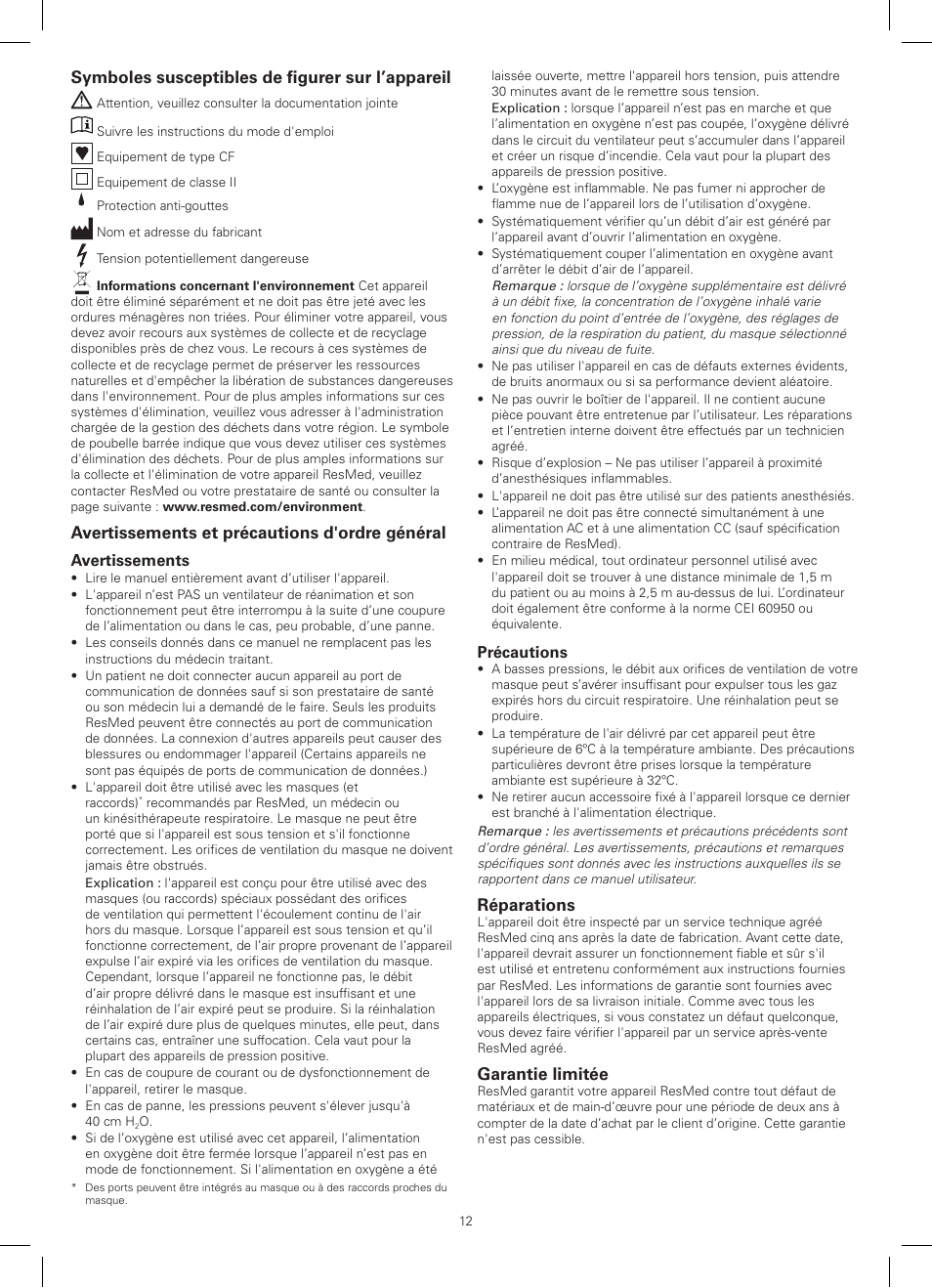 Symboles susceptibles de figurer sur l’appareil, Avertissements et précautions d'ordre général, Réparations | Garantie limitée | ResMed VPAP III ST-A with QuickNav User Manual | Page 12 / 56