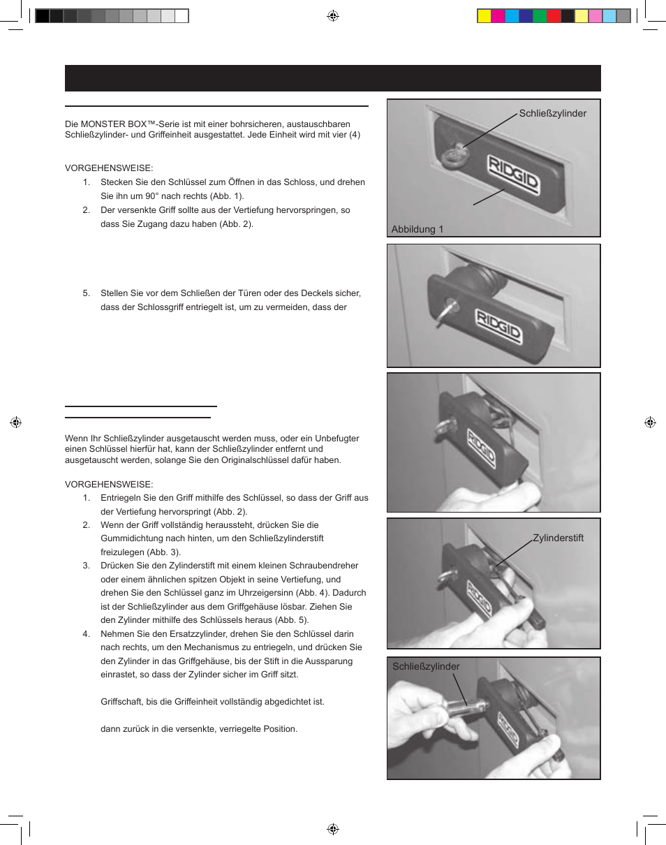 Ersatz-schließzylinder, Verriegelung/sicherung der monster box, Verriegelungsanweisungen | RIDGID MONSTER BOX User Manual | Page 10 / 124