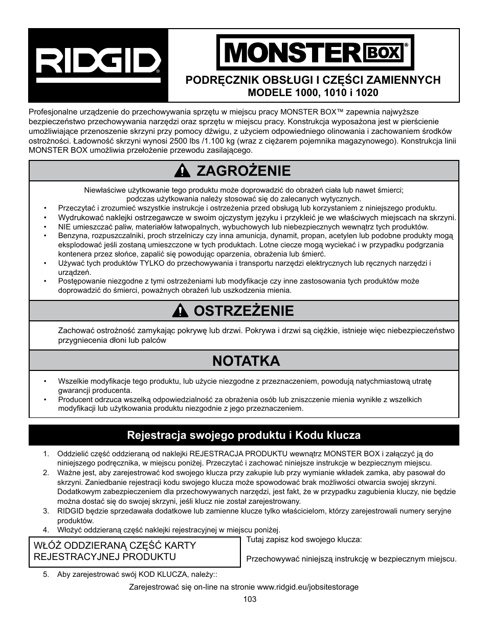 Zagrożenie notatka, Ostrzeżenie, Podręcznik obsługi i części zamiennych | Rejestracja swojego produktu i kodu klucza | RIDGID MONSTER BOX User Manual | Page 105 / 124