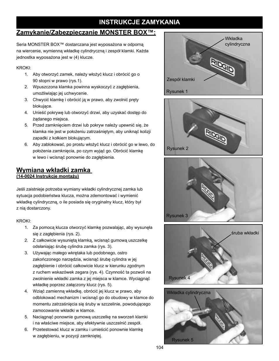 Wymiana wkładki zamka, Zamykanie/zabezpieczanie monster box, Instrukcje zamykania | RIDGID MONSTER BOX User Manual | Page 106 / 124