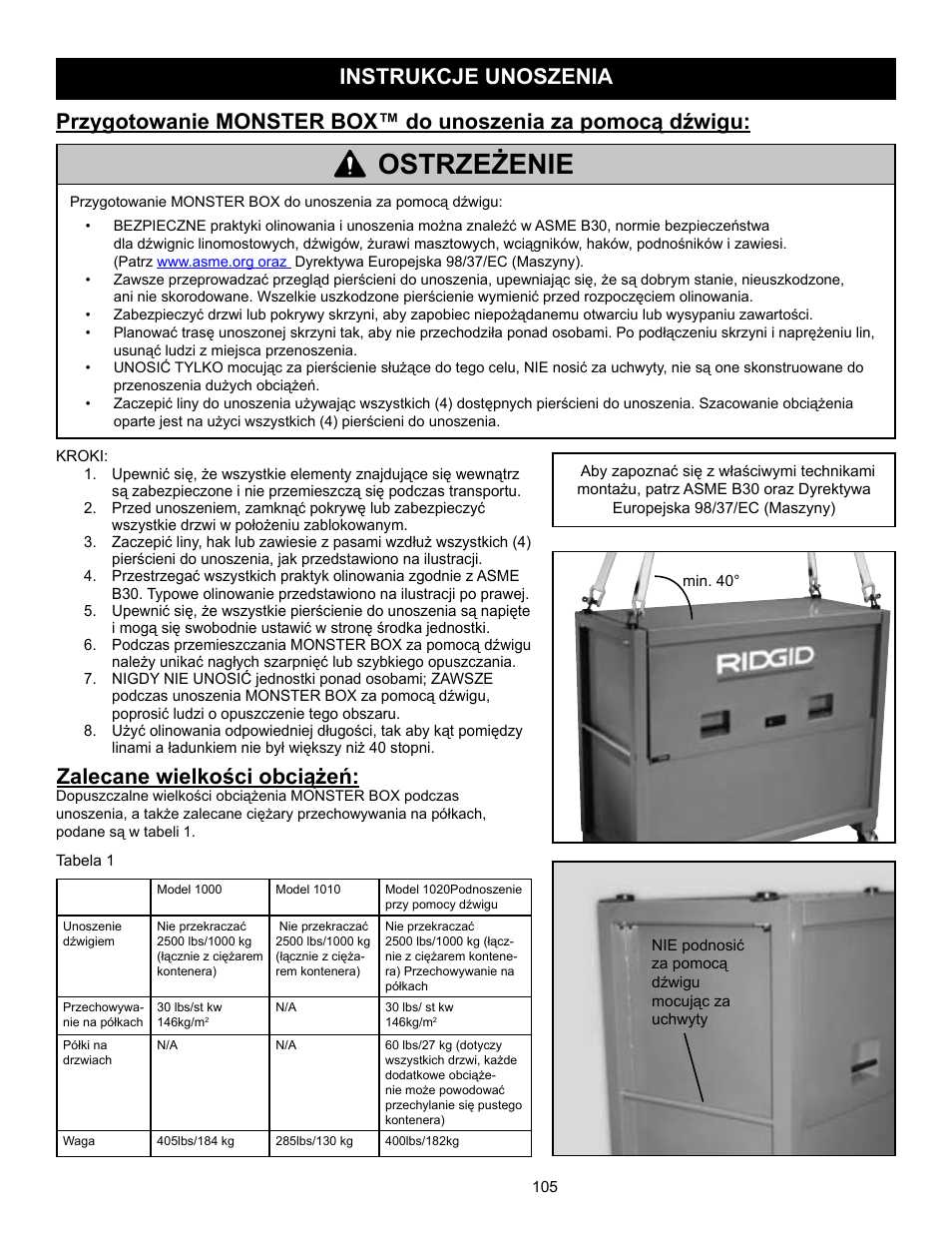 Ostrzeżenie, Zalecane wielkości obciążeń | RIDGID MONSTER BOX User Manual | Page 107 / 124