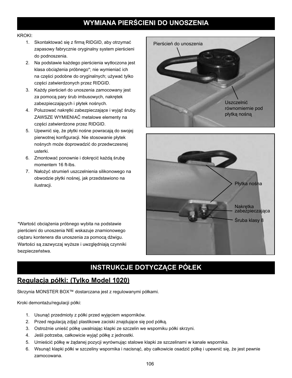 Regulacja półki: (tylko model 1020) | RIDGID MONSTER BOX User Manual | Page 108 / 124