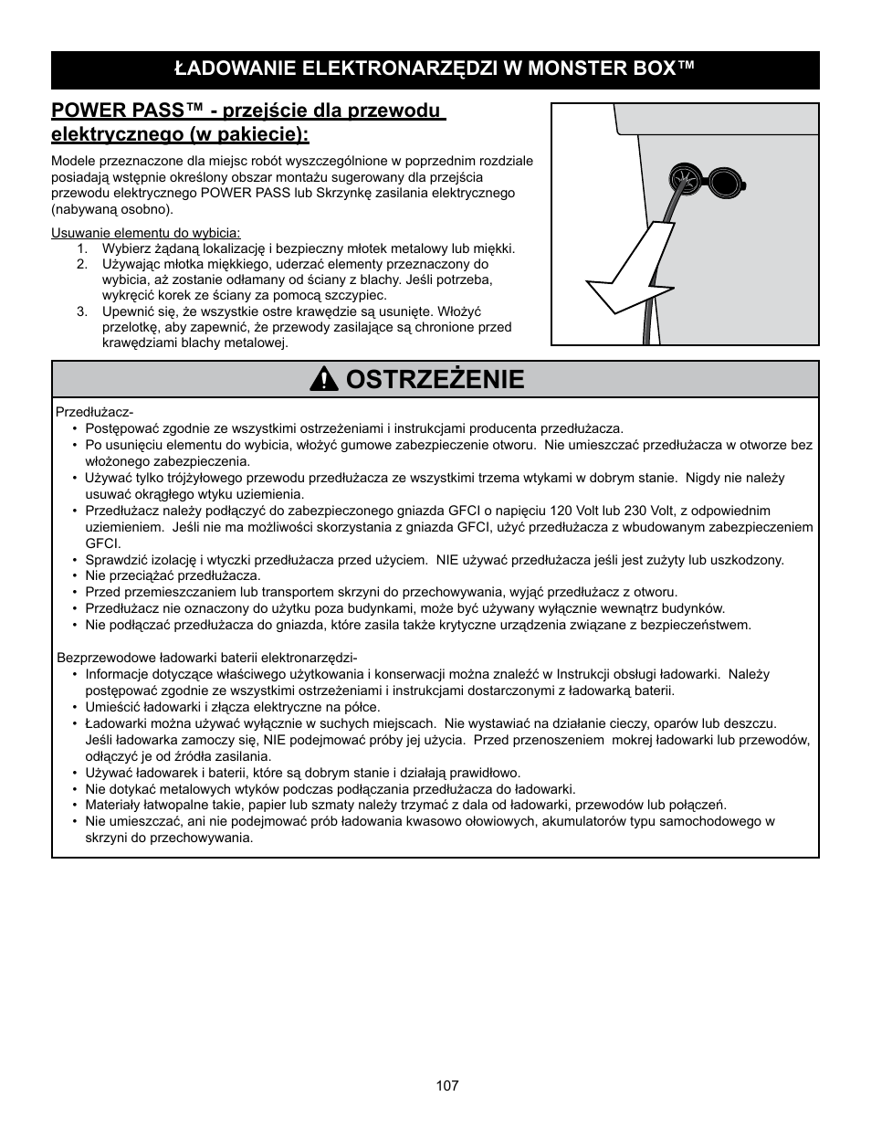 Ostrzeżenie, Ładowanie elektronarzędzi w monster box | RIDGID MONSTER BOX User Manual | Page 109 / 124