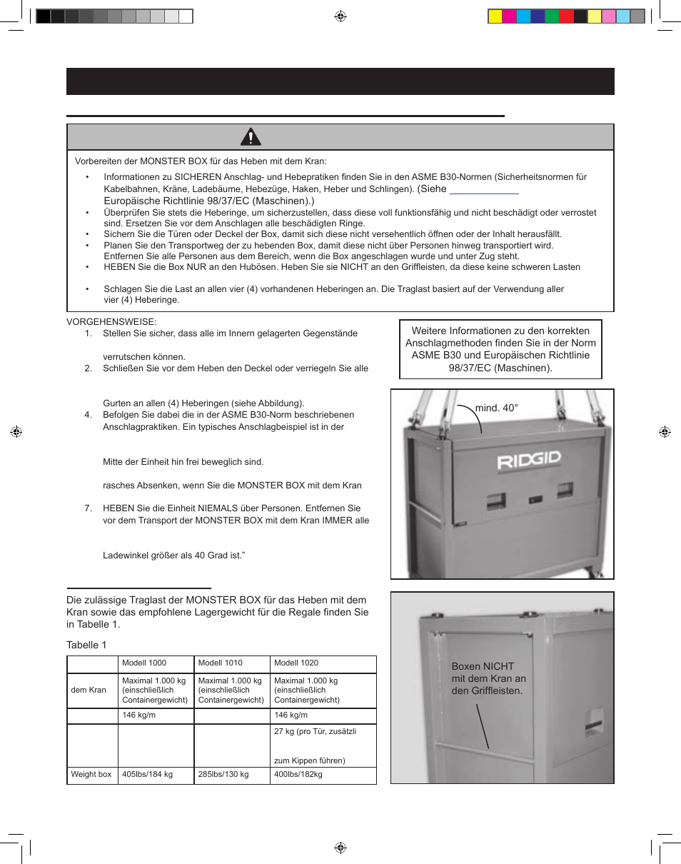 Warnhinweis, Empfohlene traglast | RIDGID MONSTER BOX User Manual | Page 11 / 124