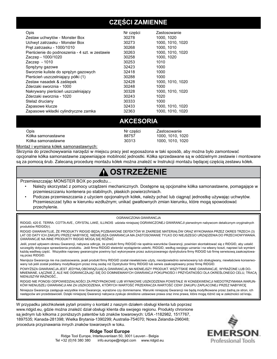 Ostrzeżenie, Części zamienne, Akcesoria | RIDGID MONSTER BOX User Manual | Page 110 / 124